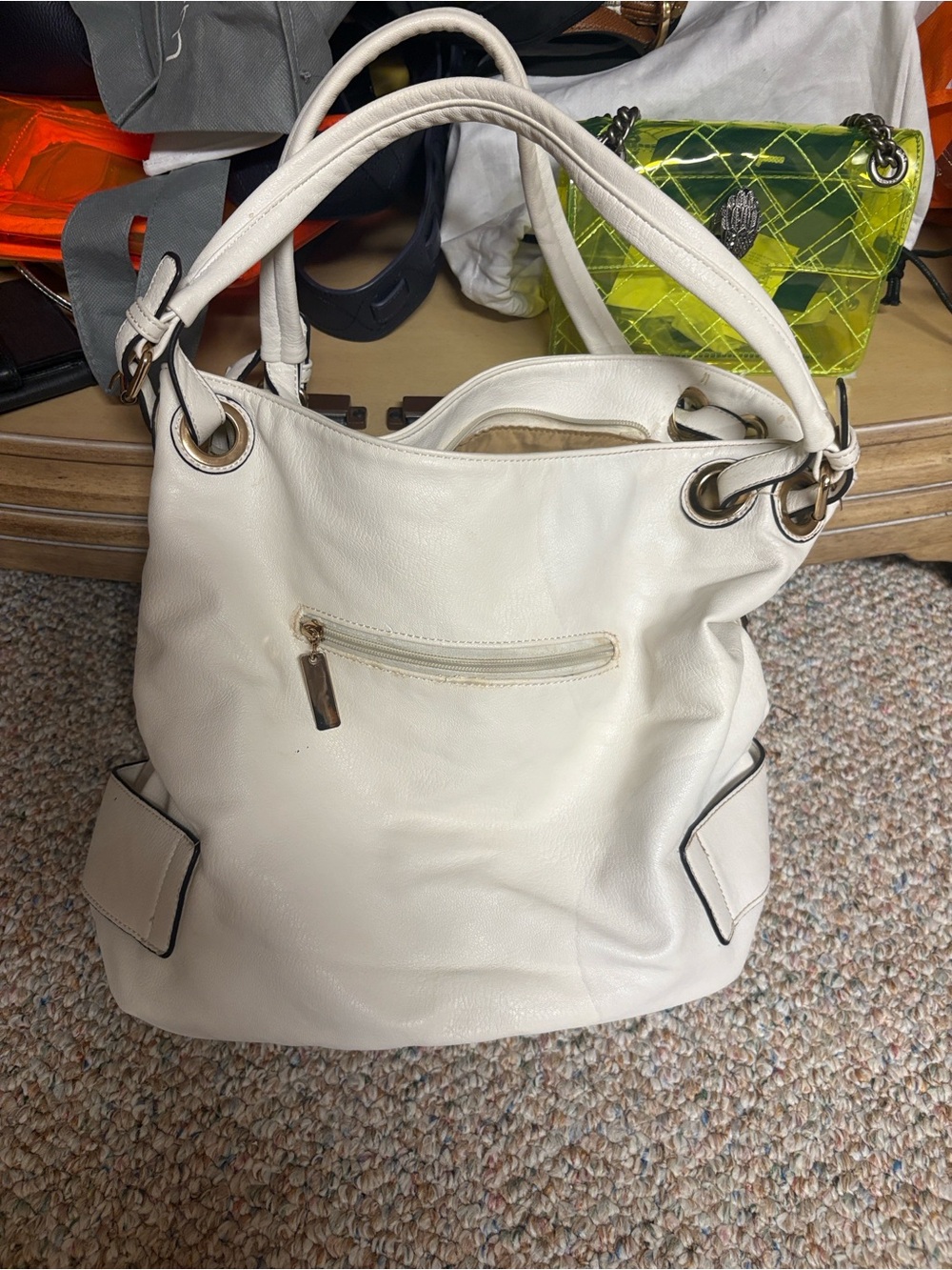 Cream Leather Tote Bag with Gold Accent - Picture 2 of 4